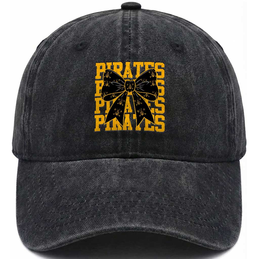 Pirates Coquette Bow Washed Cotton Baseball Cap Retro Sports Style Pirate Skull