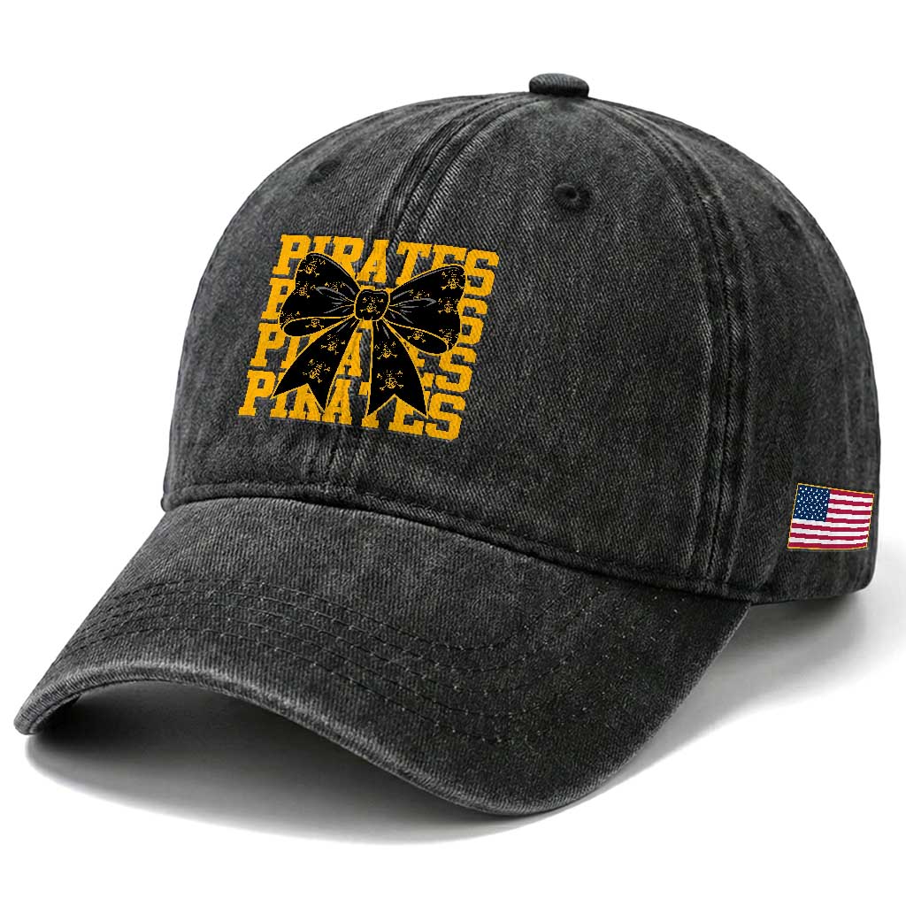 Pirates Coquette Bow Washed Cotton Baseball Cap Retro Sports Style Pirate Skull