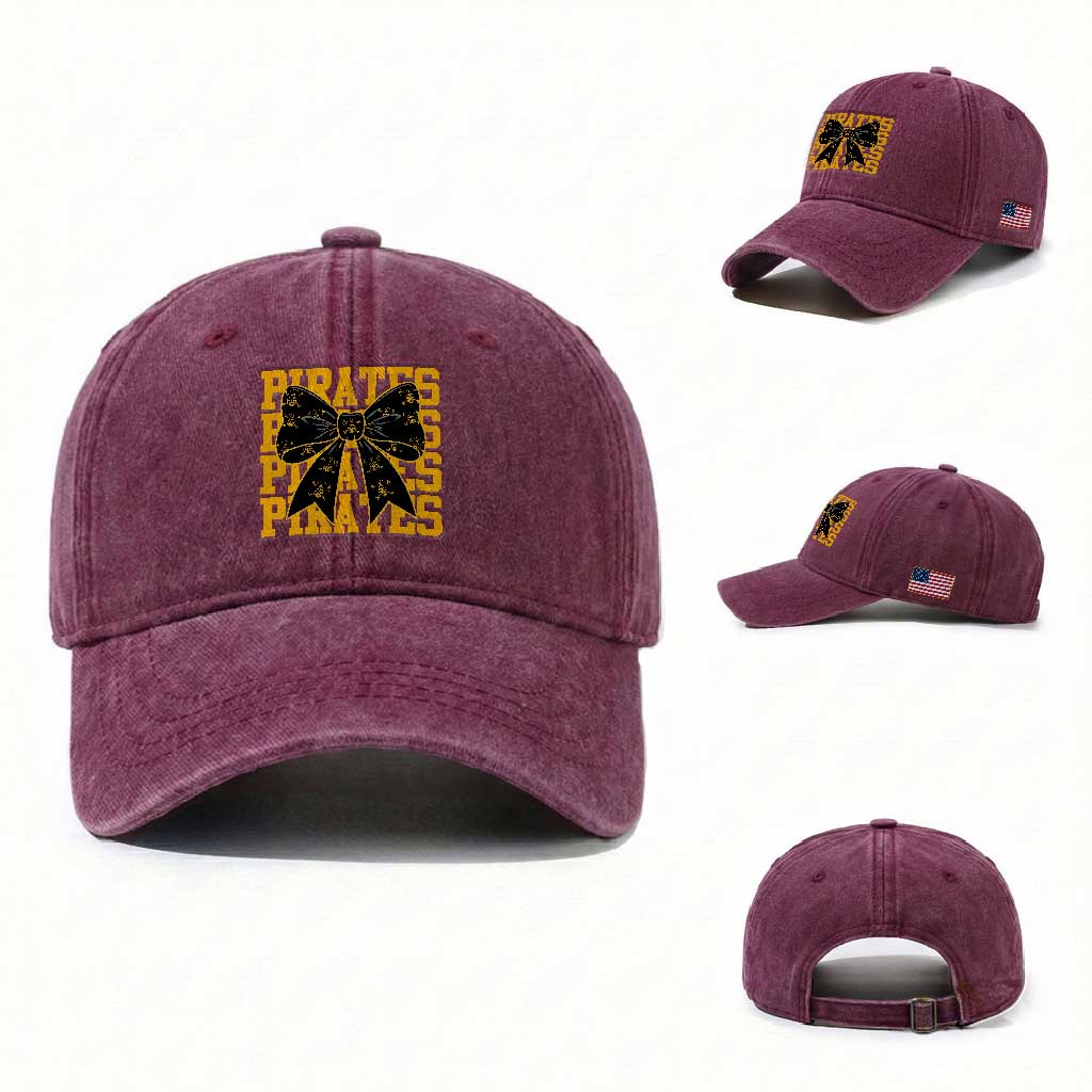 Pirates Coquette Bow Washed Cotton Baseball Cap Retro Sports Style Pirate Skull