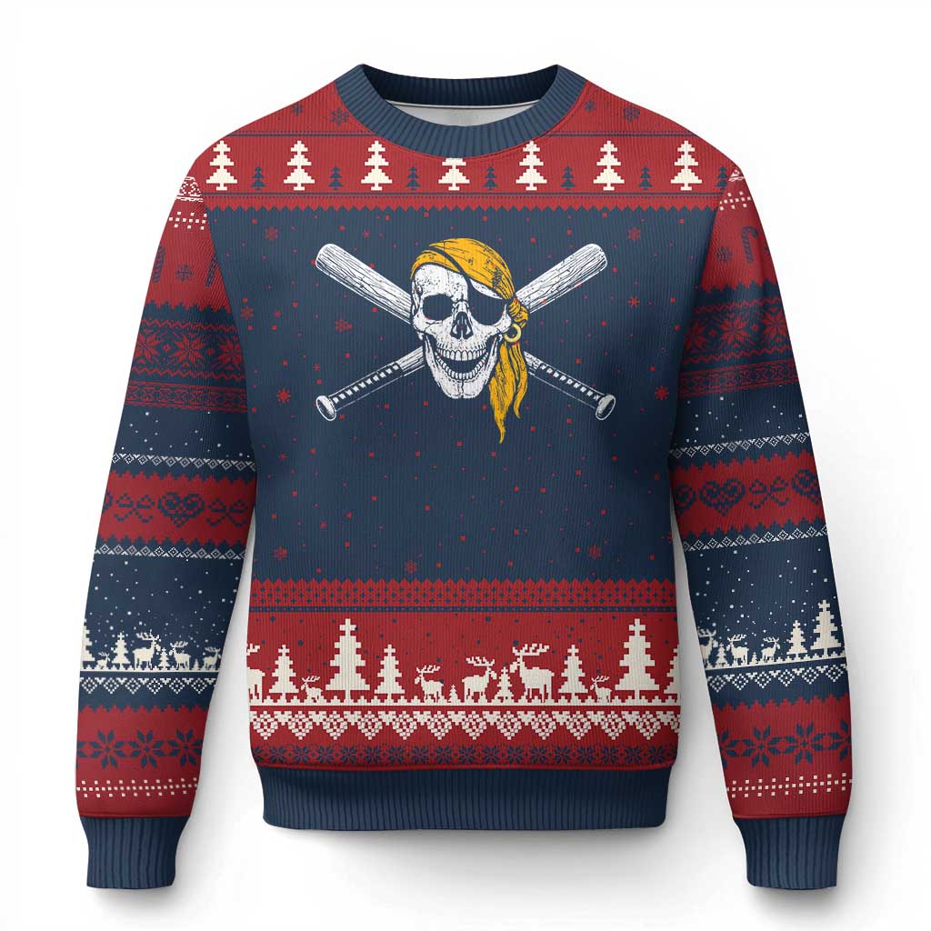 Baseball Pirate Skull Ugly Christmas Sweater Retro Vintage Cross Baseball Bats