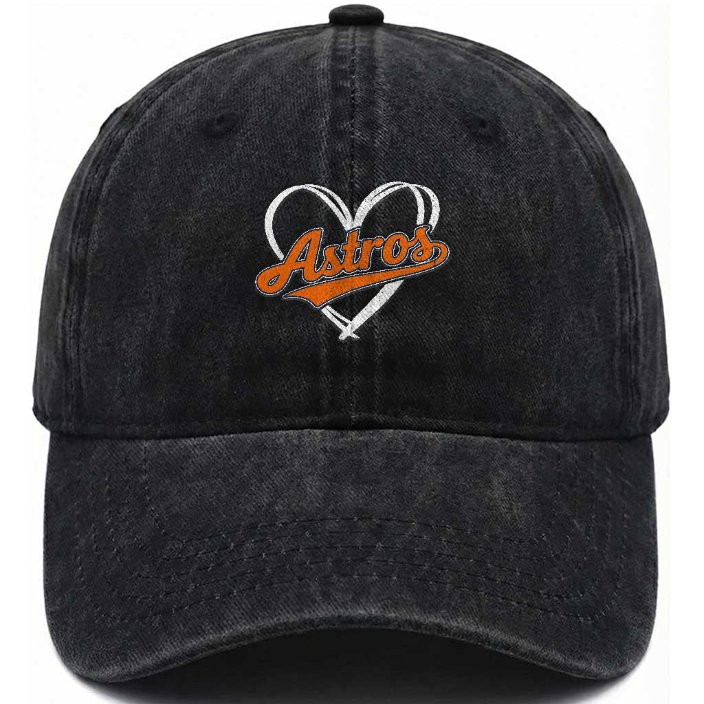 Vintage Astro Name Sports Style Washed Cotton Baseball Cap Varsity Script Vintage Baseball Heart Graphic