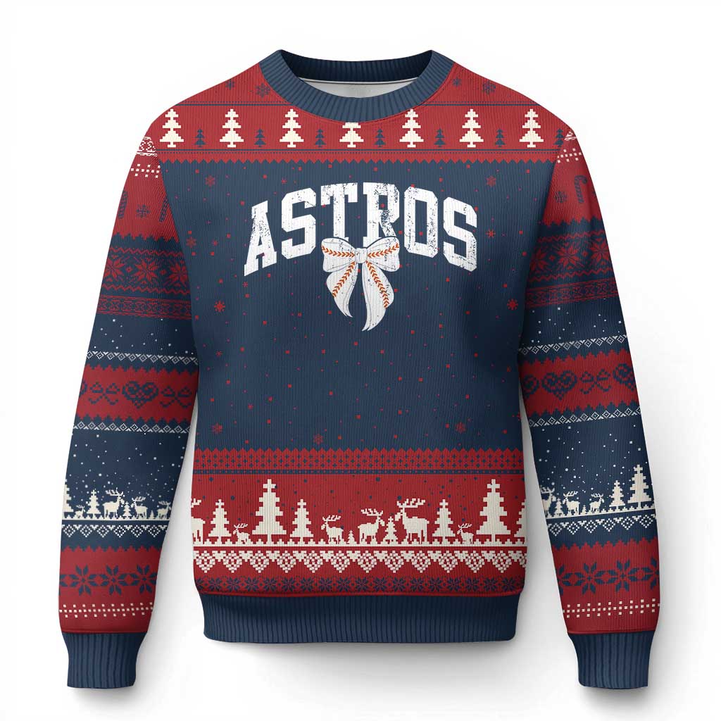 Retro Astro Varsity Name Ugly Christmas Sweater Baseball Coquette Bow