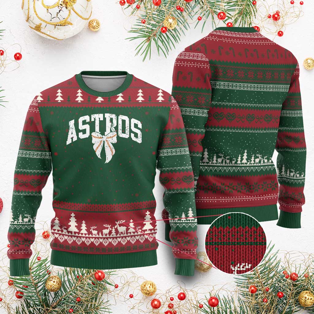 Retro Astro Varsity Name Ugly Christmas Sweater Baseball Coquette Bow