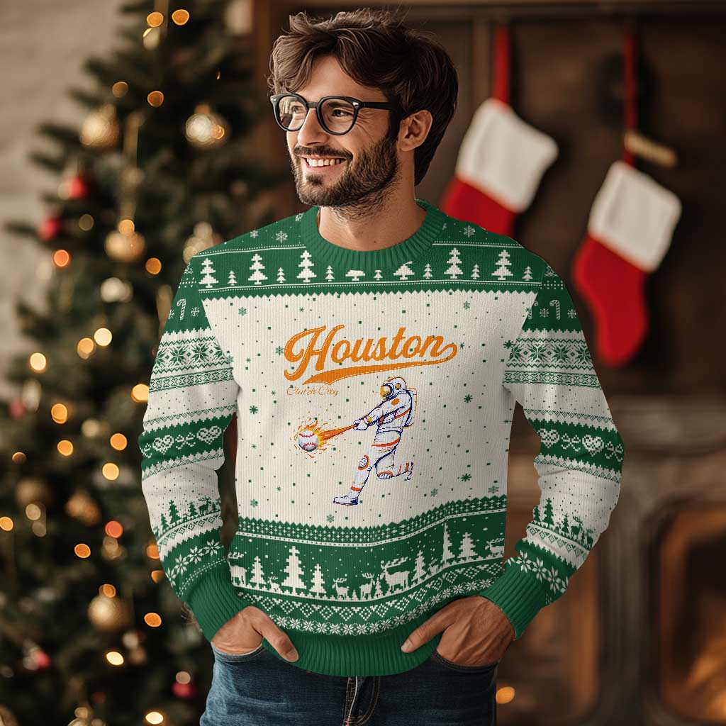 Houston Clutch City Ugly Christmas Sweater Astronaut Baseball Player In Space