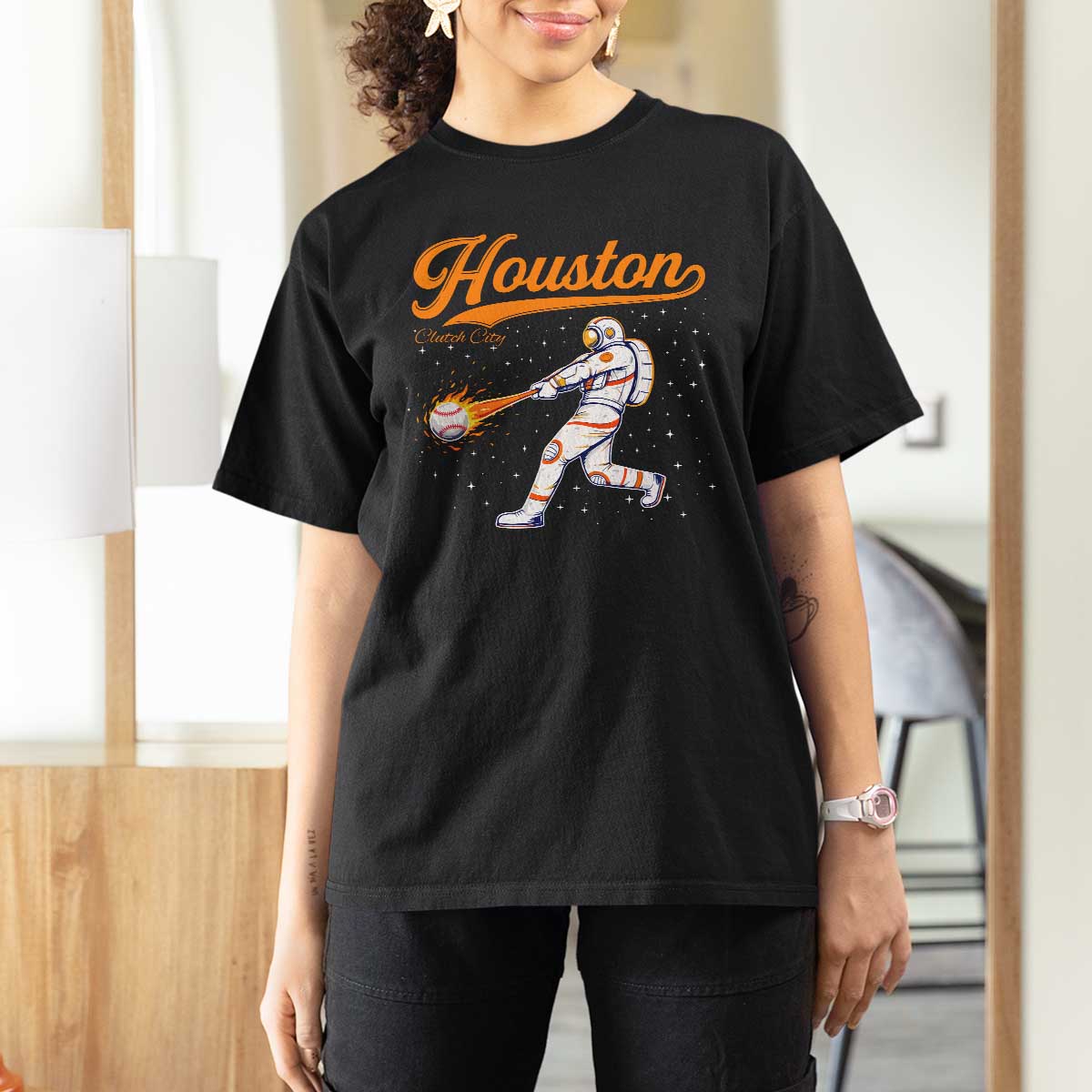 Houston Clutch City T Shirt For Women Astronaut Baseball Player In Space