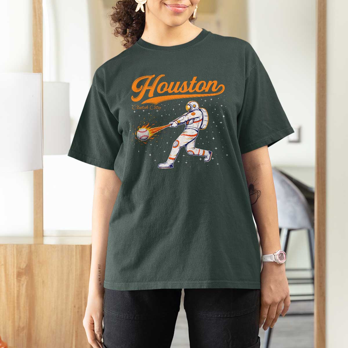 Houston Clutch City T Shirt For Women Astronaut Baseball Player In Space