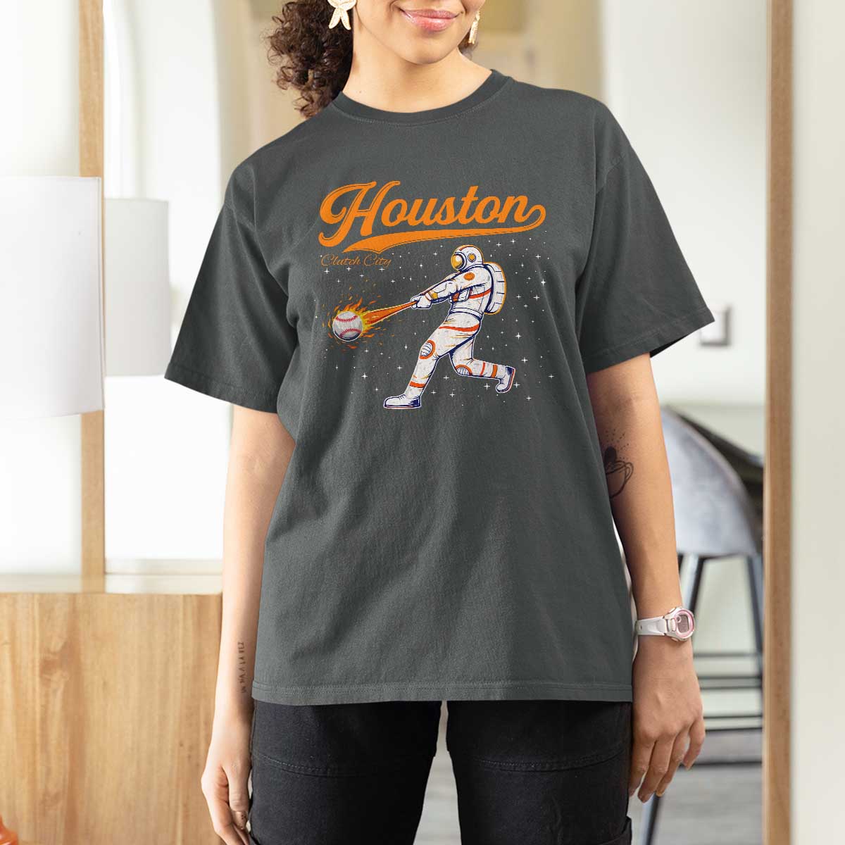 Houston Clutch City T Shirt For Women Astronaut Baseball Player In Space