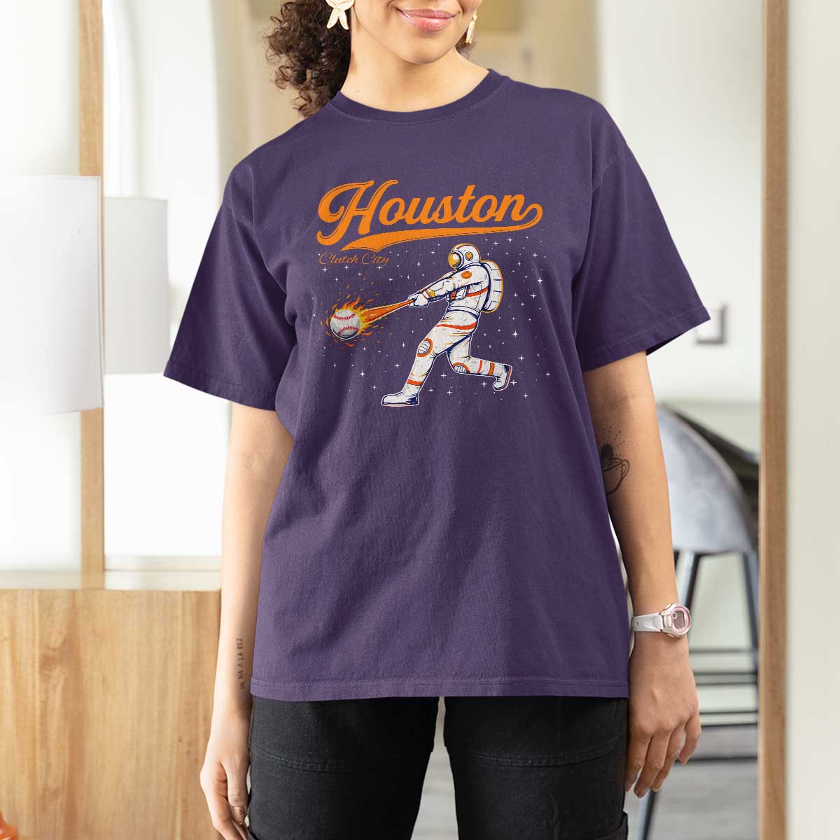 Houston Clutch City T Shirt For Women Astronaut Baseball Player In Space