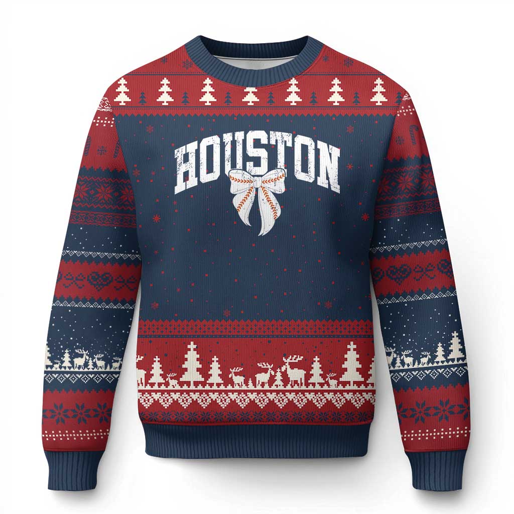 Retro Houston Ugly Christmas Sweater Baseball Coquette Bow Varsity Vintage Sports 80s 90s