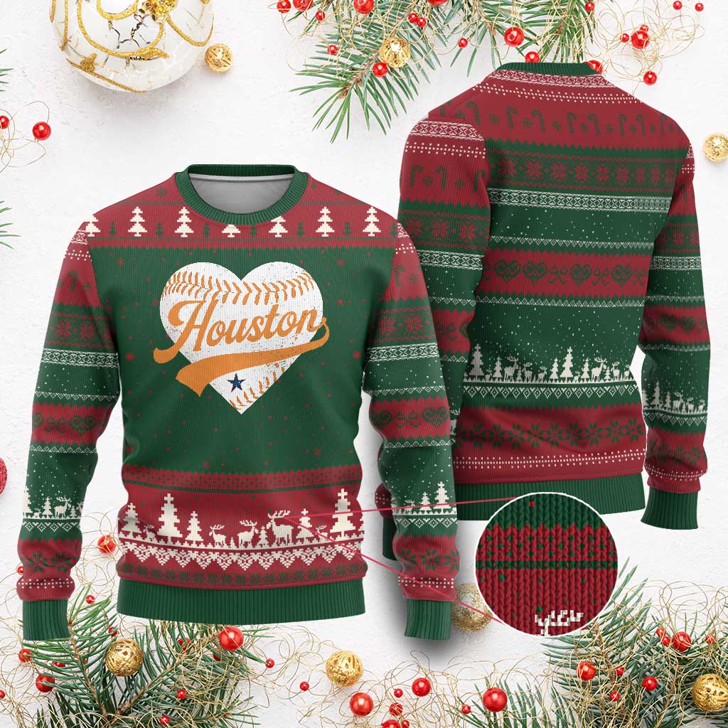Houston Clutch City Ugly Christmas Sweater Baseball Heart Varsity Script Vintage Sports Fans