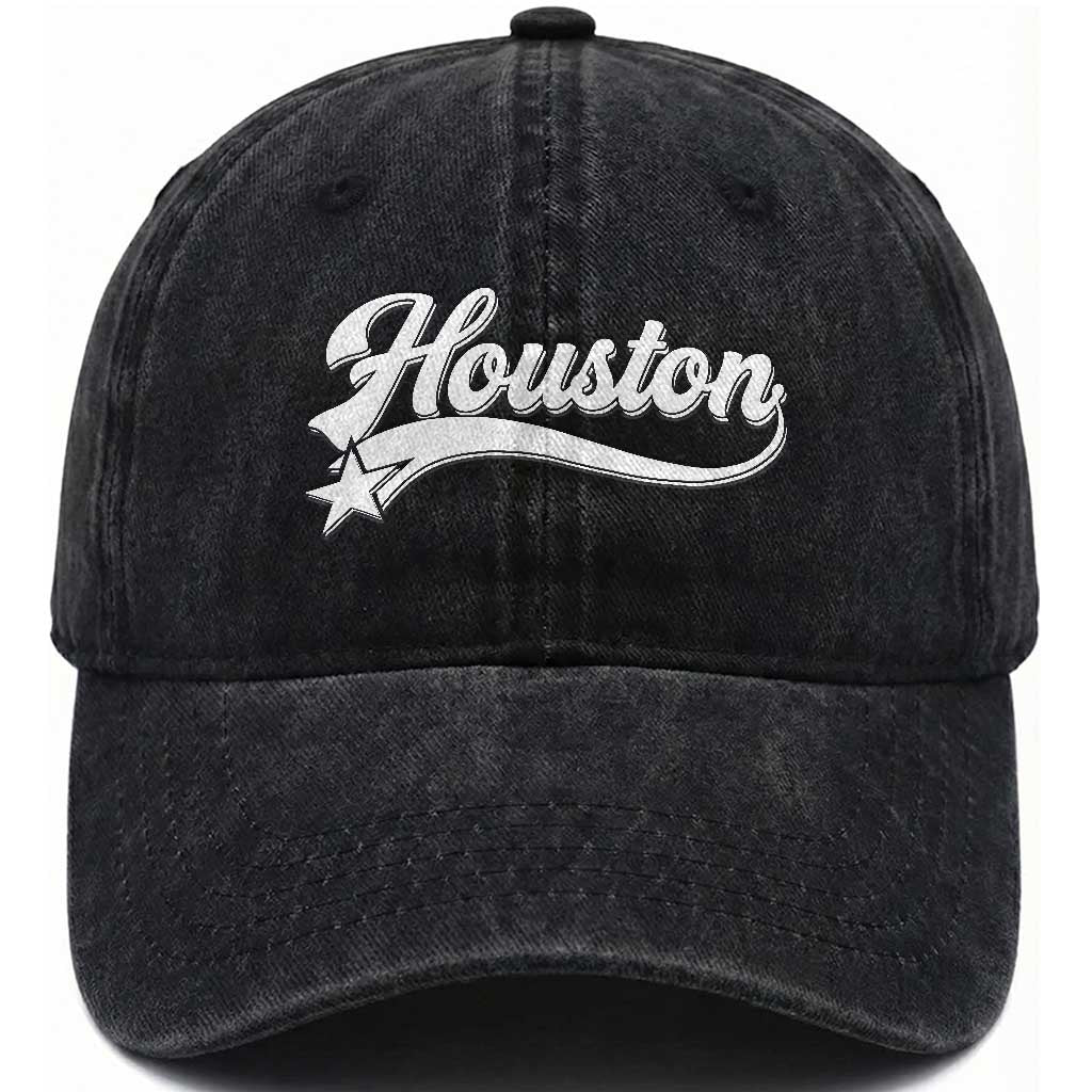 Retro Houston Washed Cotton Baseball Cap Varsity Script Vintage Sports Jersey Style 80s 90s