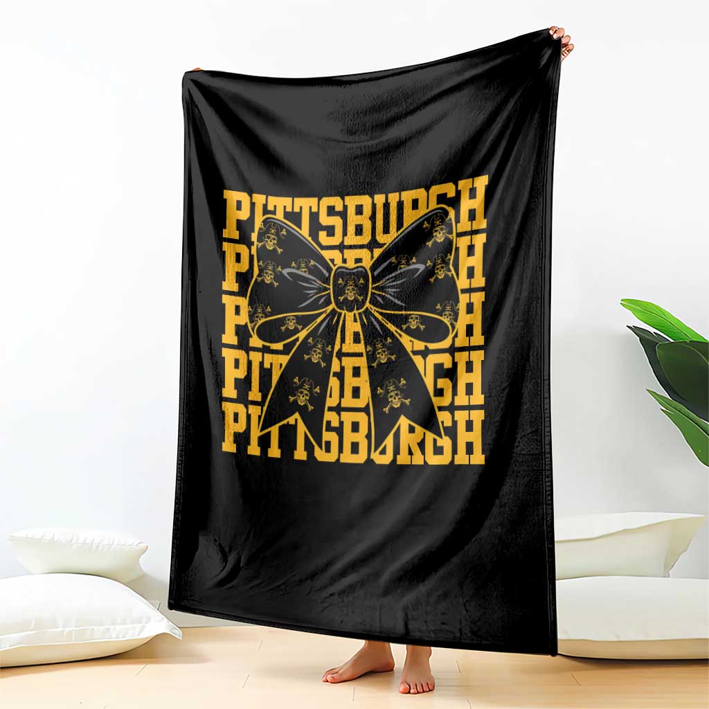 Pittsburgh Coquette Bow Throw Blanket Retro Sports Style Pirate Skull