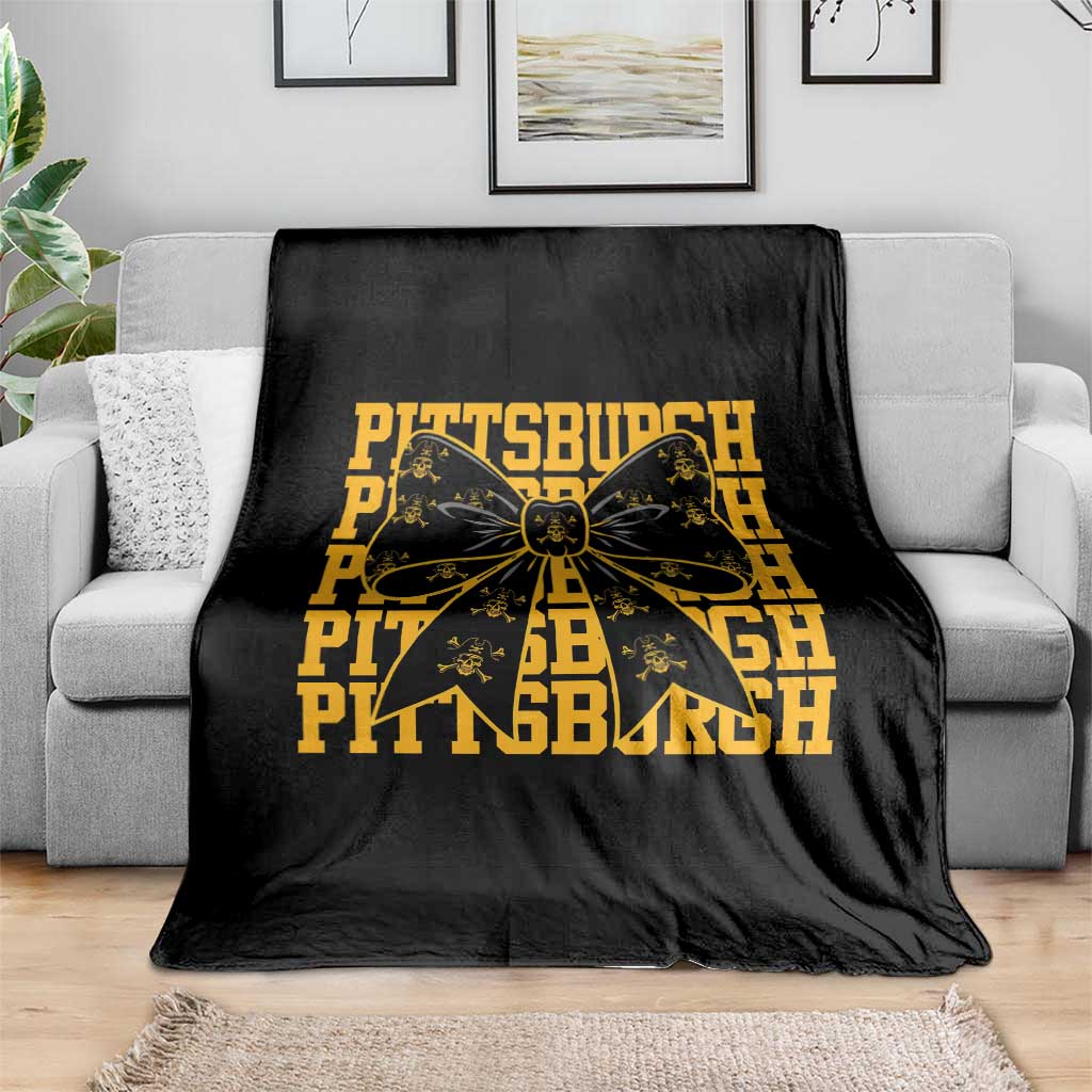 Pittsburgh Coquette Bow Throw Blanket Retro Sports Style Pirate Skull