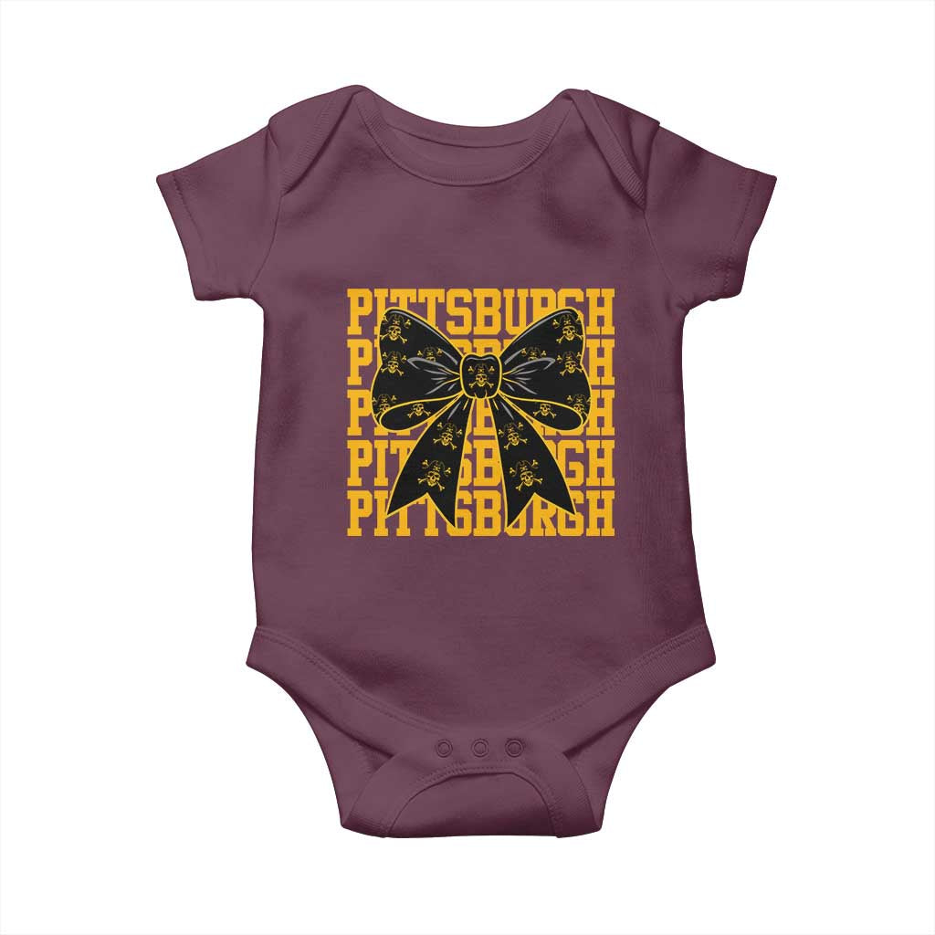 Pittsburgh Coquette Bow Baby Onesie Retro Sports Style Pirate Skull
