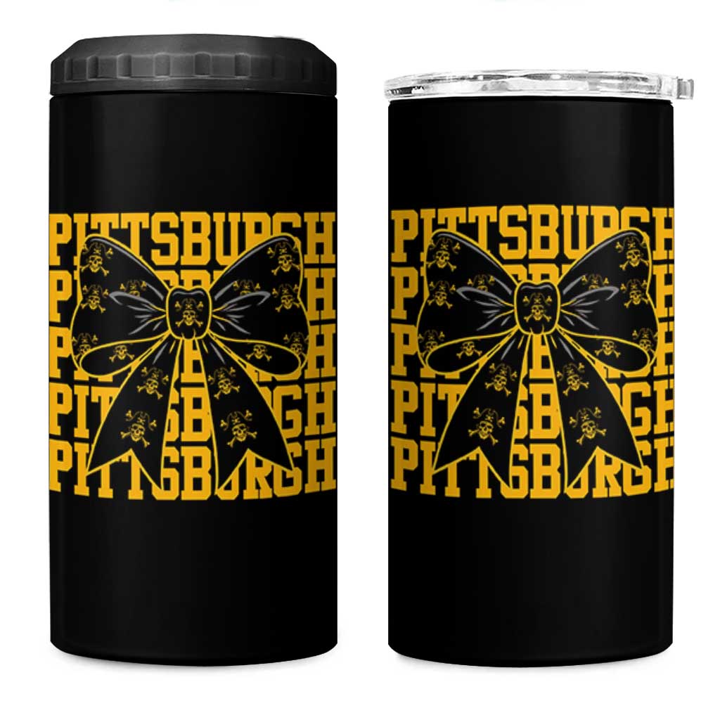 Pittsburgh Coquette Bow 4 in 1 Can Cooler Tumbler Retro Sports Style Pirate Skull