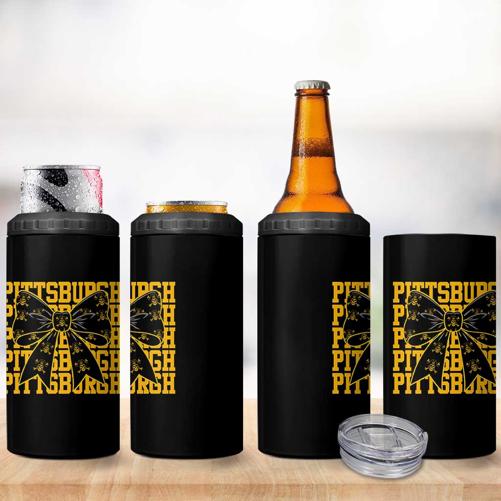 Pittsburgh Coquette Bow 4 in 1 Can Cooler Tumbler Retro Sports Style Pirate Skull