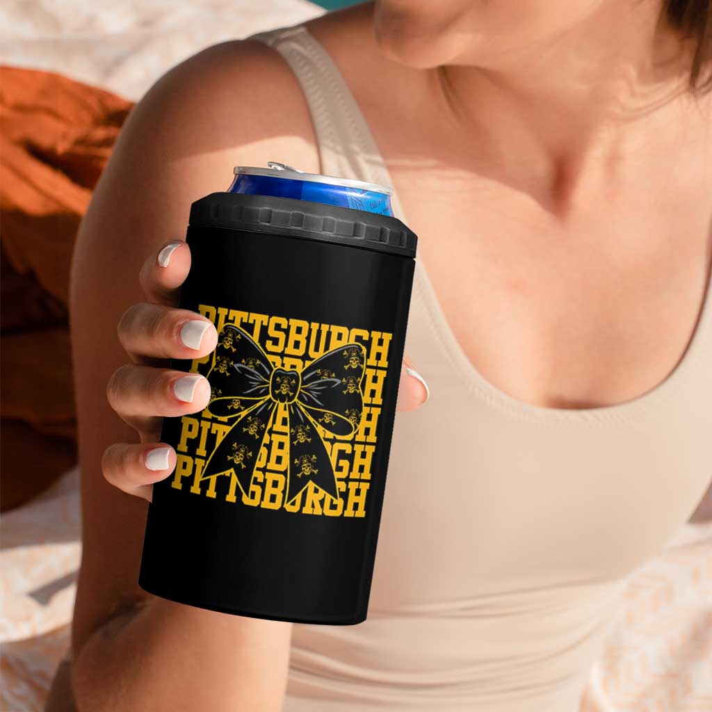 Pittsburgh Coquette Bow 4 in 1 Can Cooler Tumbler Retro Sports Style Pirate Skull