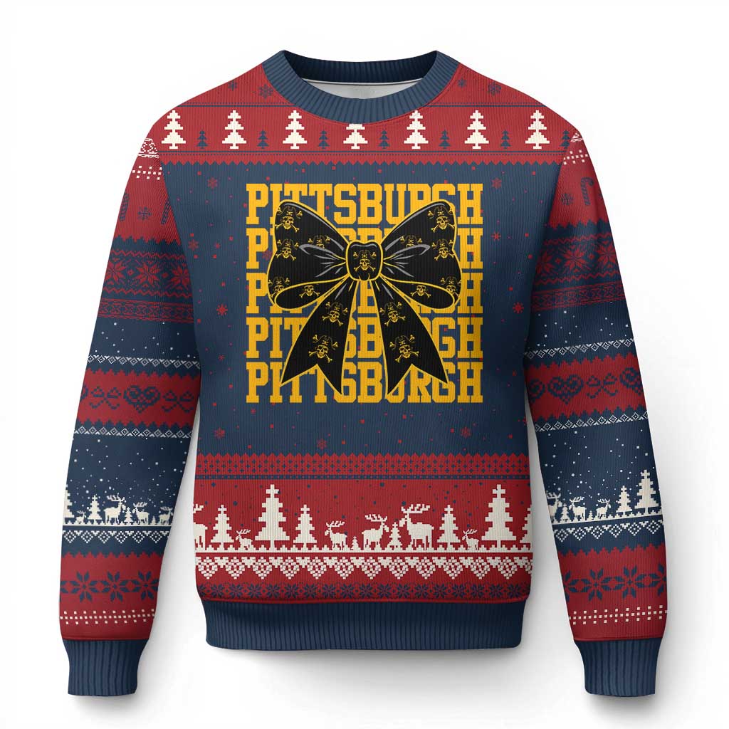 Pittsburgh Coquette Bow Ugly Christmas Sweater Retro Sports Style Pirate Skull