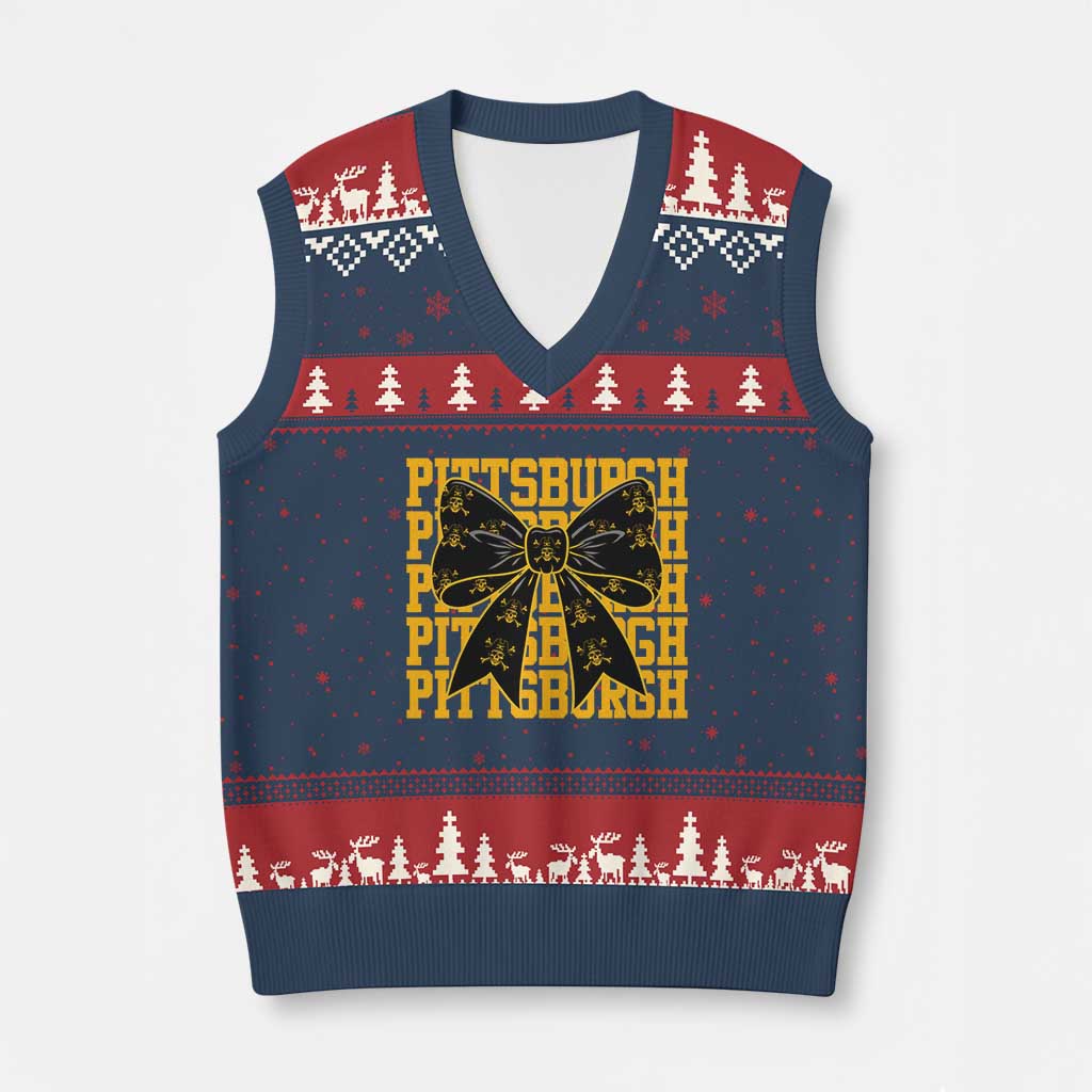 Pittsburgh Coquette Bow V-Neck Knit Sweater Vest Retro Sports Style Pirate Skull