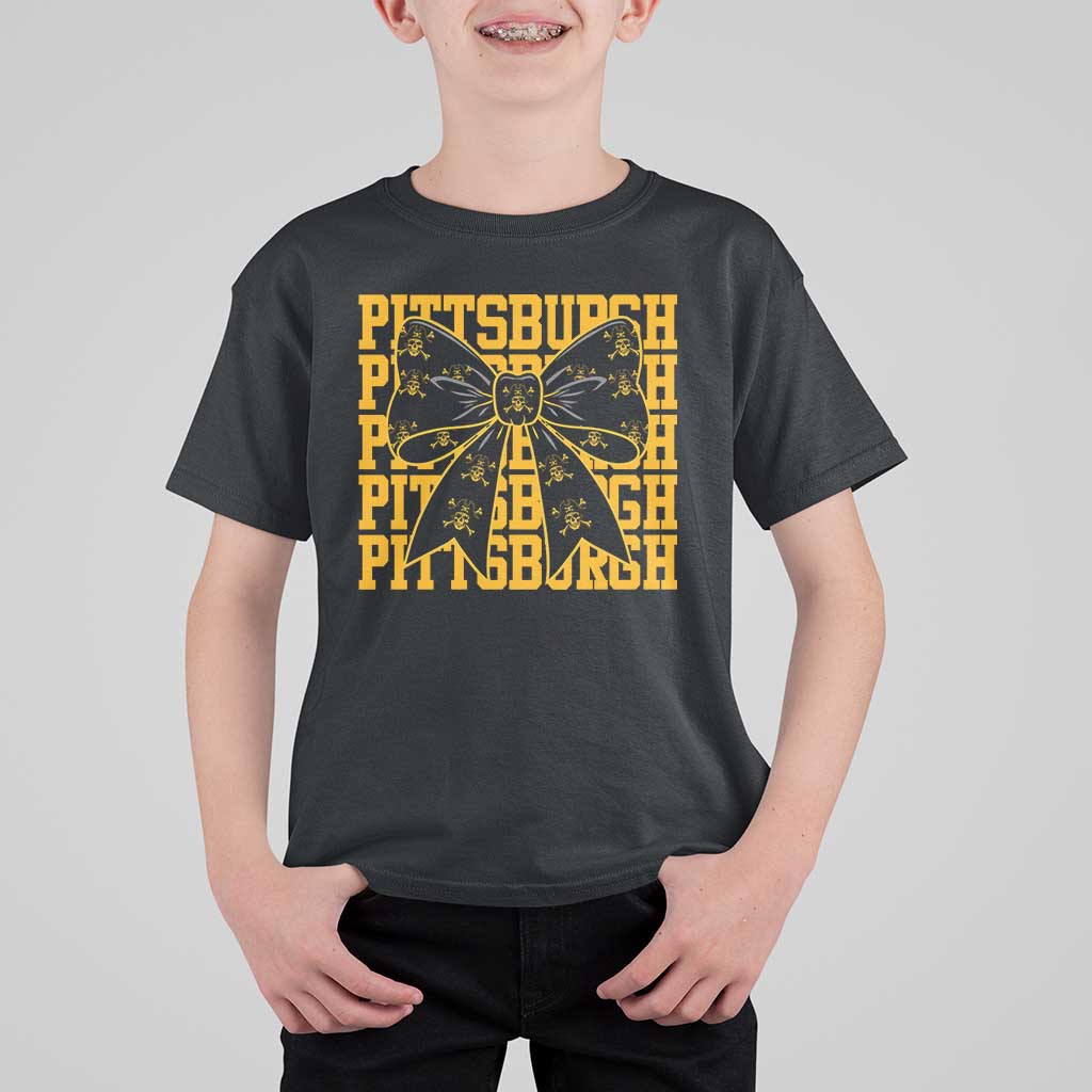 Pittsburgh Coquette Bow T Shirt For Kid Retro Sports Style Pirate Skull
