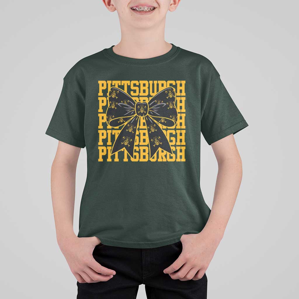 Pittsburgh Coquette Bow T Shirt For Kid Retro Sports Style Pirate Skull