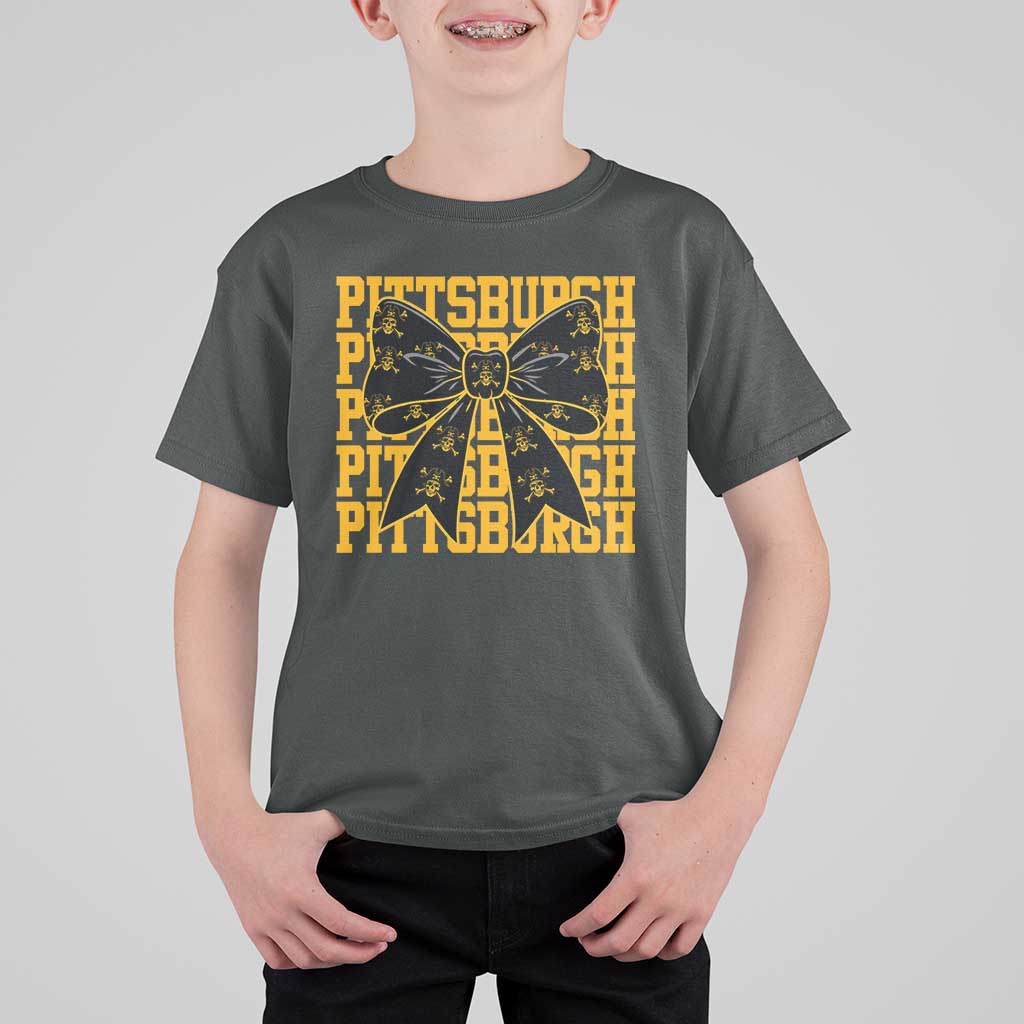 Pittsburgh Coquette Bow T Shirt For Kid Retro Sports Style Pirate Skull