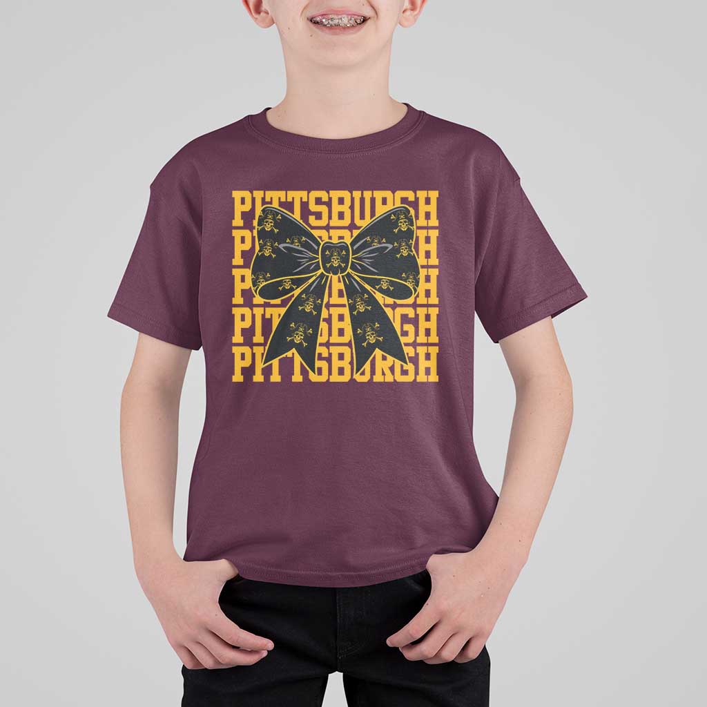 Pittsburgh Coquette Bow T Shirt For Kid Retro Sports Style Pirate Skull