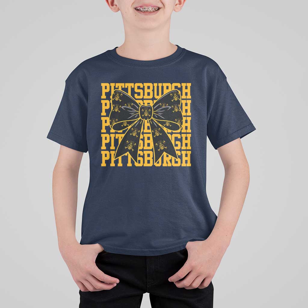 Pittsburgh Coquette Bow T Shirt For Kid Retro Sports Style Pirate Skull