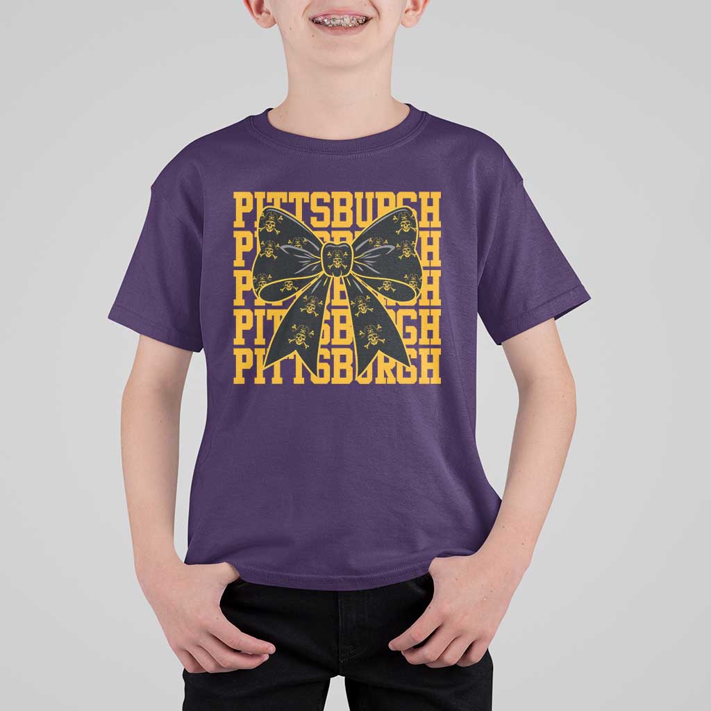 Pittsburgh Coquette Bow T Shirt For Kid Retro Sports Style Pirate Skull
