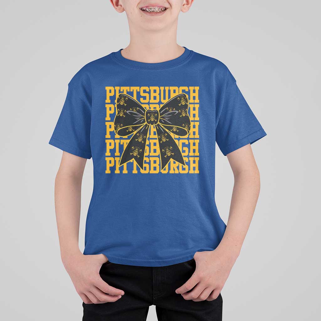 Pittsburgh Coquette Bow T Shirt For Kid Retro Sports Style Pirate Skull