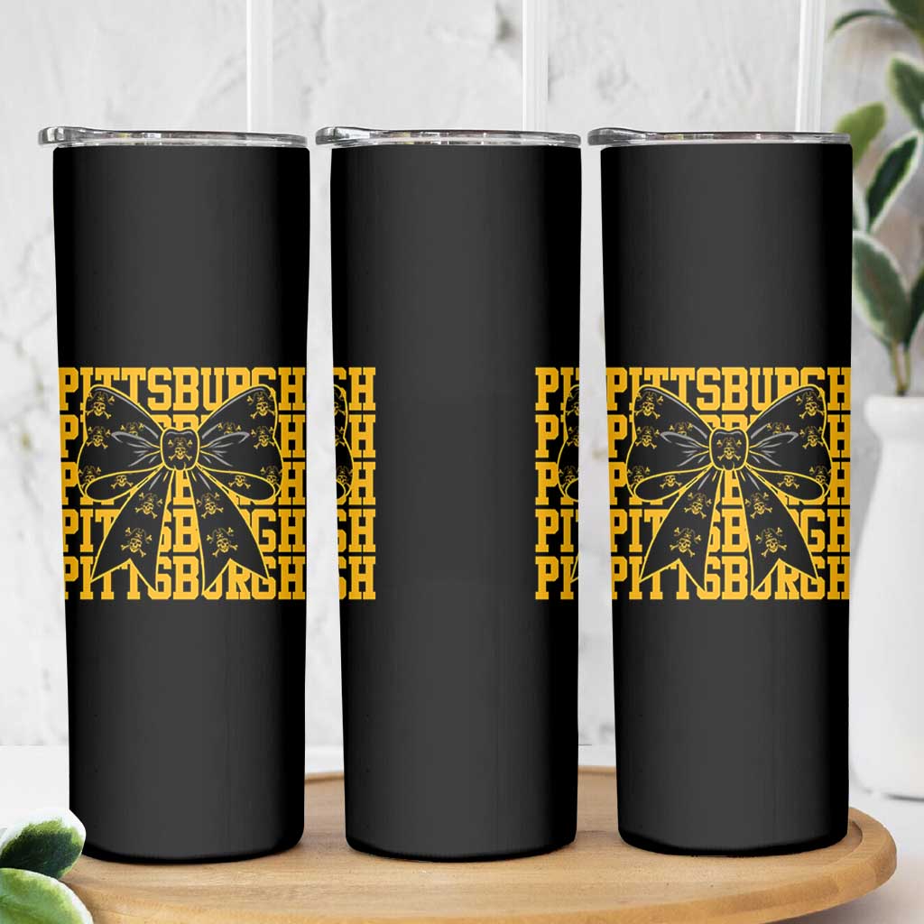 Pittsburgh Coquette Bow Skinny Tumbler Retro Sports Style Pirate Skull