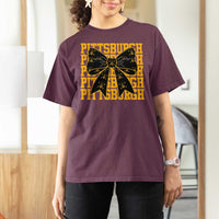Pittsburgh Coquette Bow T Shirt For Women Retro Sports Style Pirate Skull