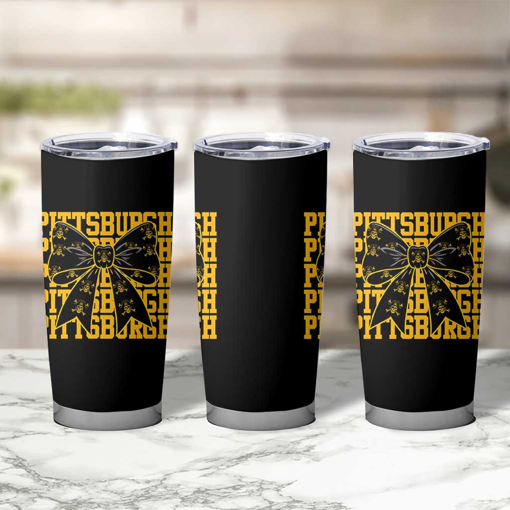 Pittsburgh Coquette Bow Tumbler Cup Retro Sports Style Pirate Skull