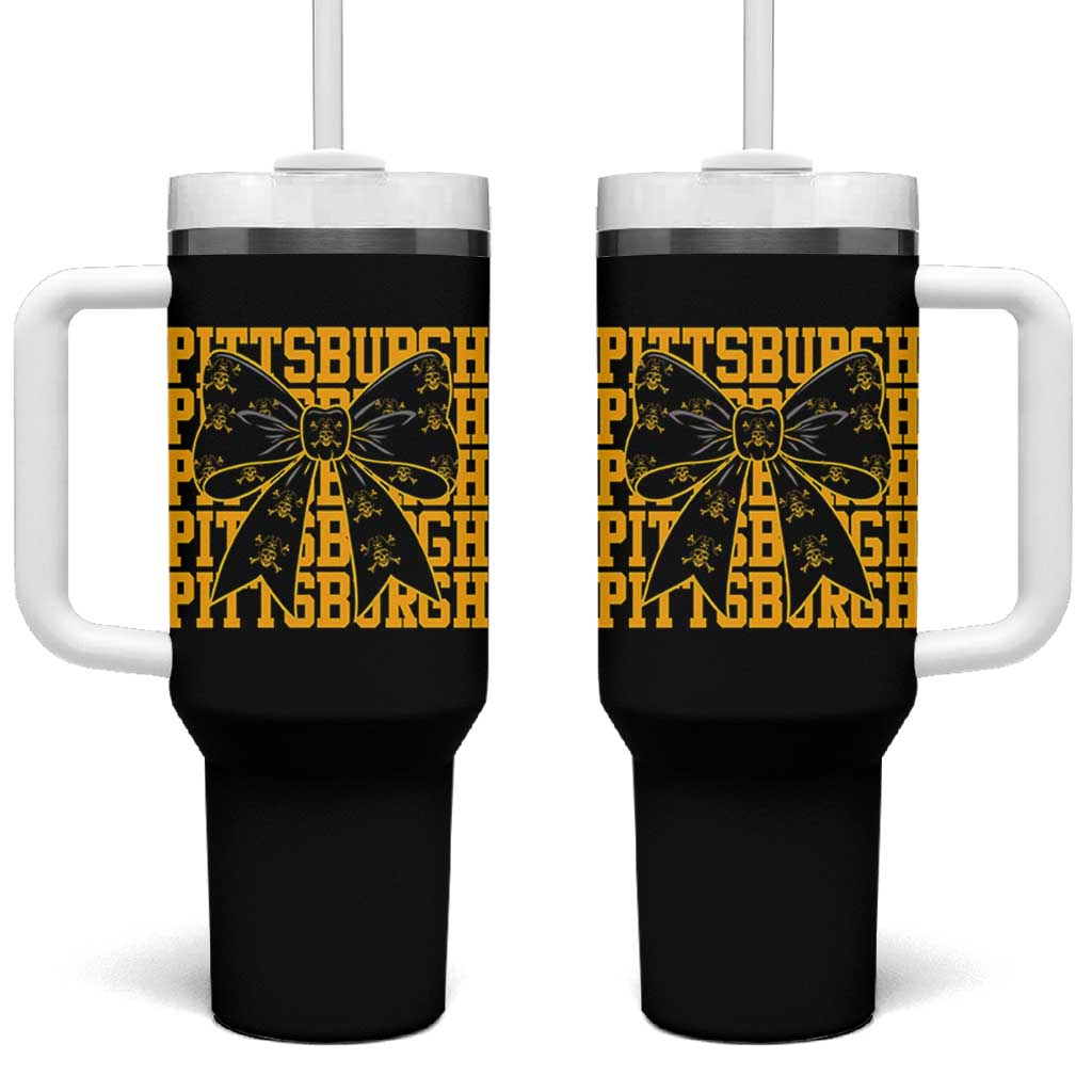 Pittsburgh Coquette Bow Tumbler With Handle Retro Sports Style Pirate Skull