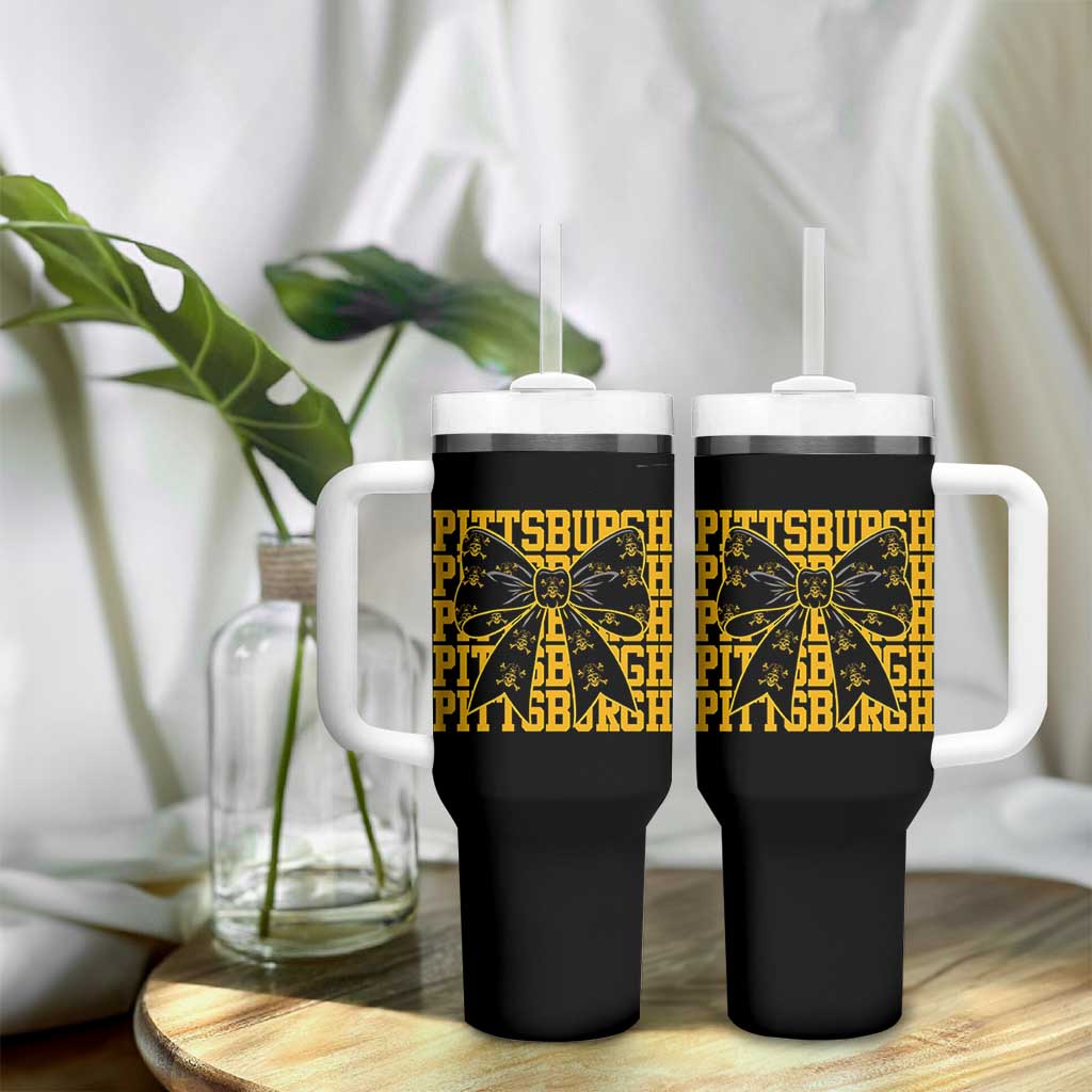 Pittsburgh Coquette Bow Tumbler With Handle Retro Sports Style Pirate Skull