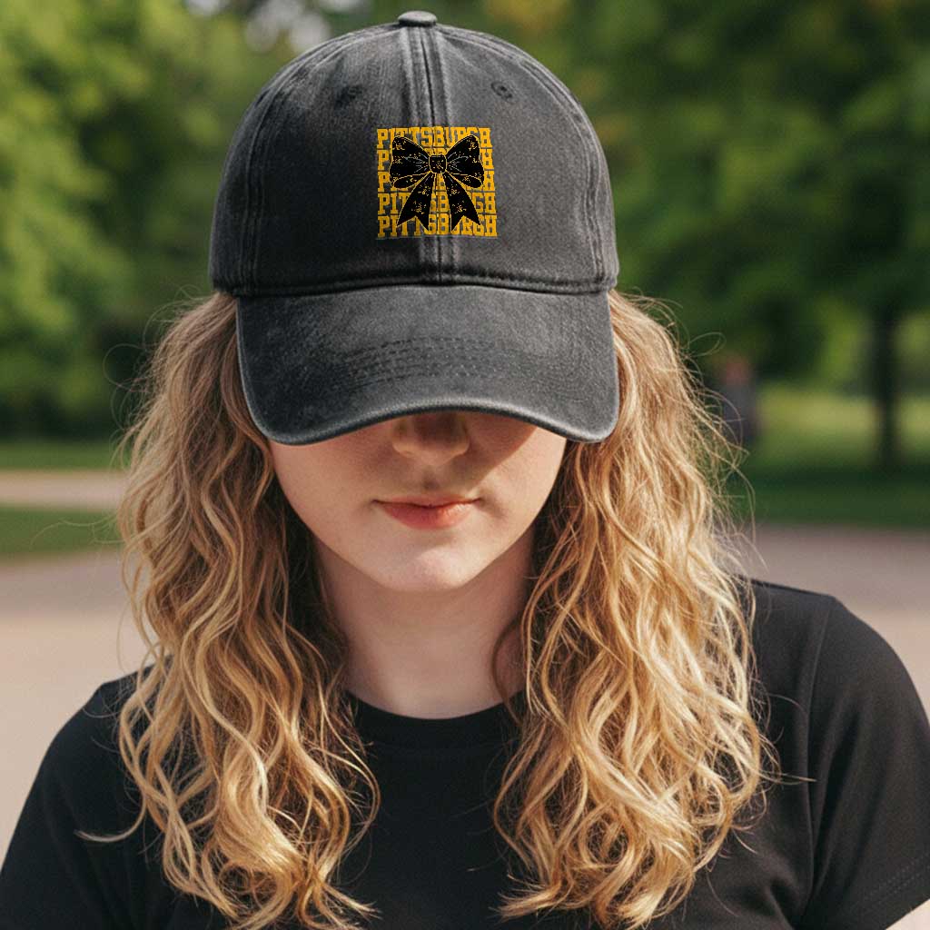 Pittsburgh Coquette Bow Washed Cotton Baseball Cap Retro Sports Style Pirate Skull