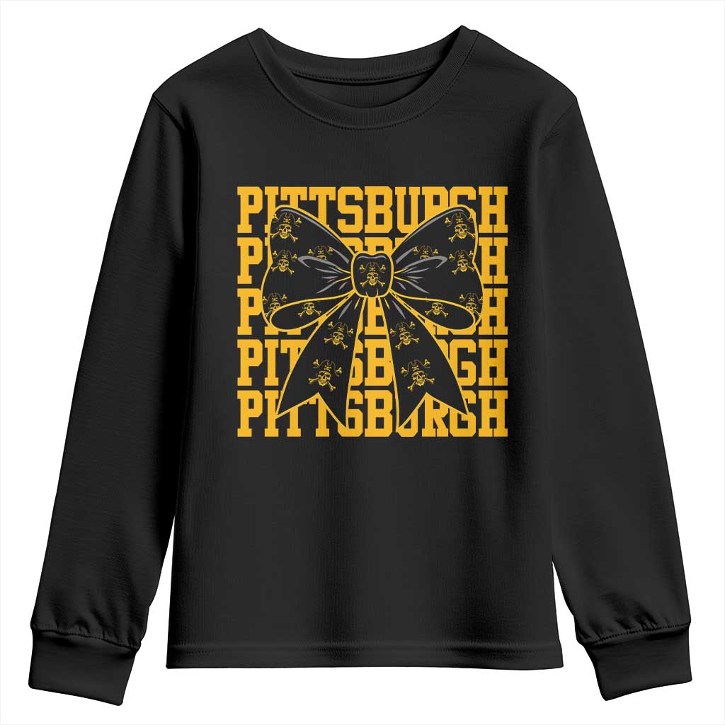 Pittsburgh Coquette Bow Youth Sweatshirt Retro Sports Style Pirate Skull