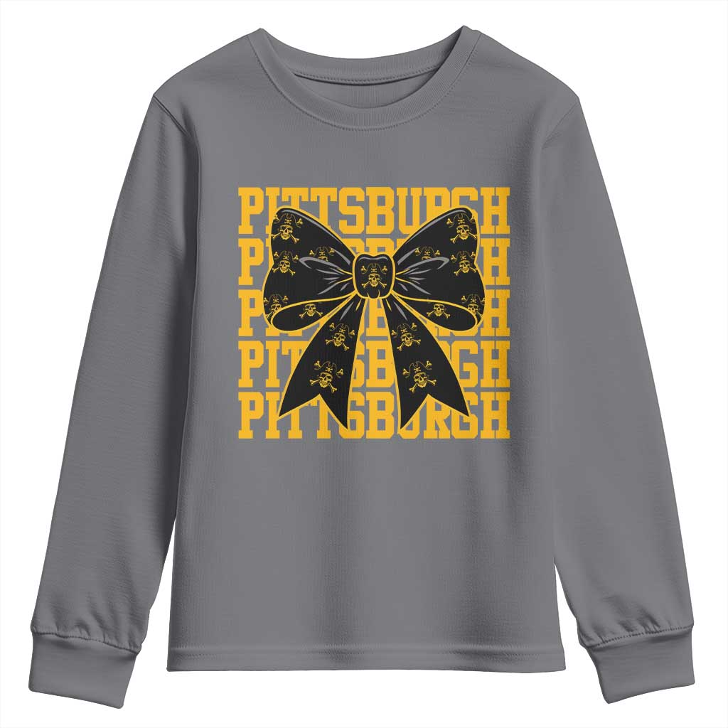 Pittsburgh Coquette Bow Youth Sweatshirt Retro Sports Style Pirate Skull