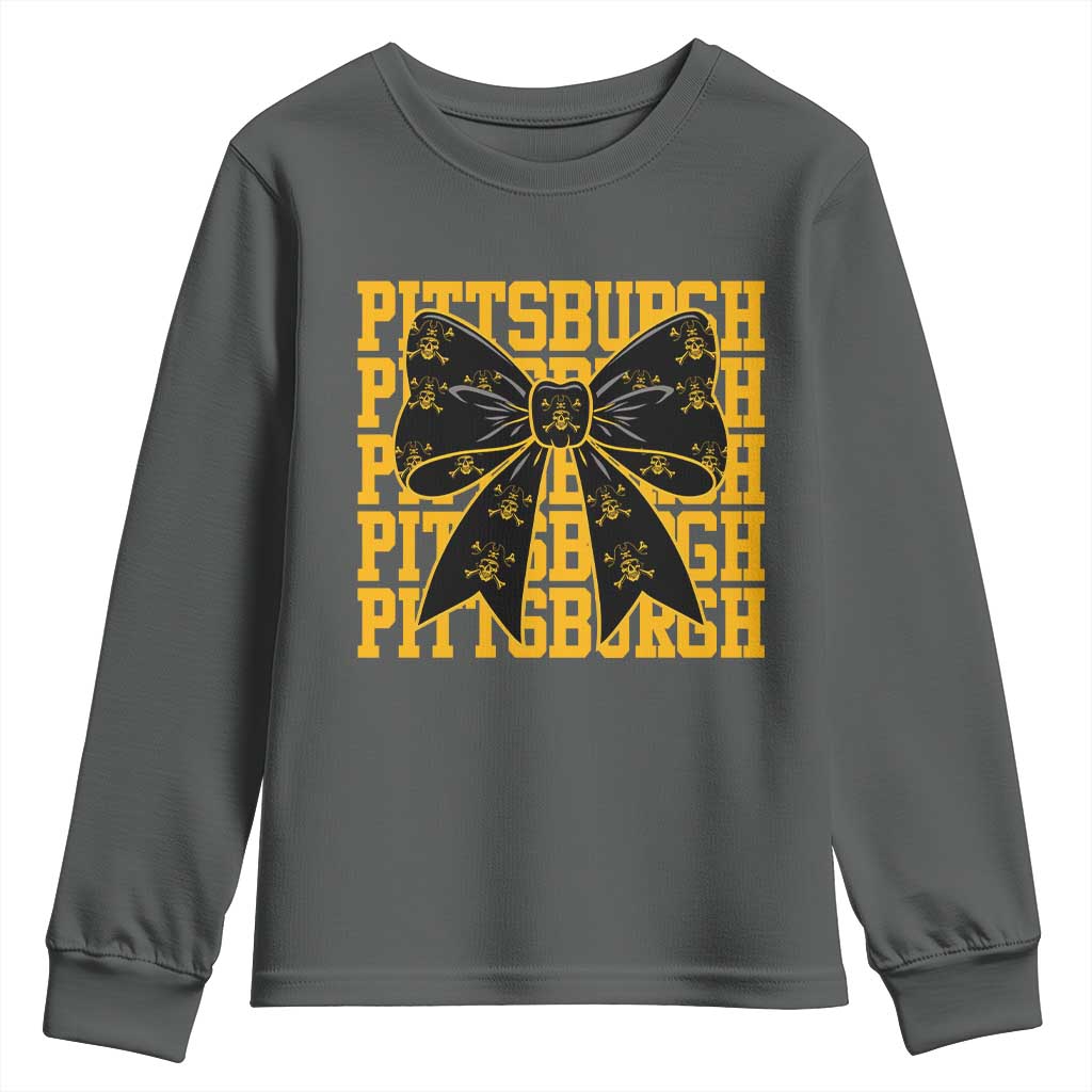 Pittsburgh Coquette Bow Youth Sweatshirt Retro Sports Style Pirate Skull