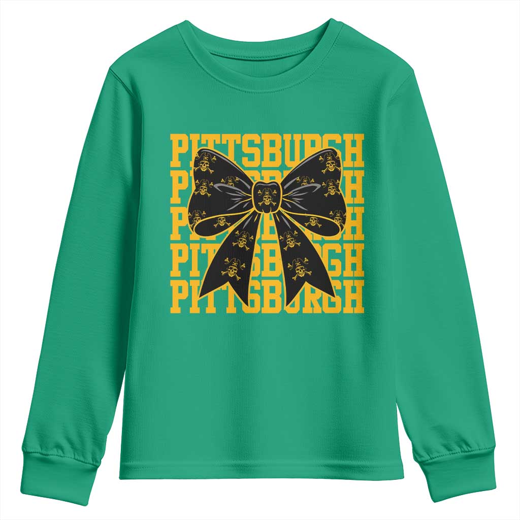 Pittsburgh Coquette Bow Youth Sweatshirt Retro Sports Style Pirate Skull
