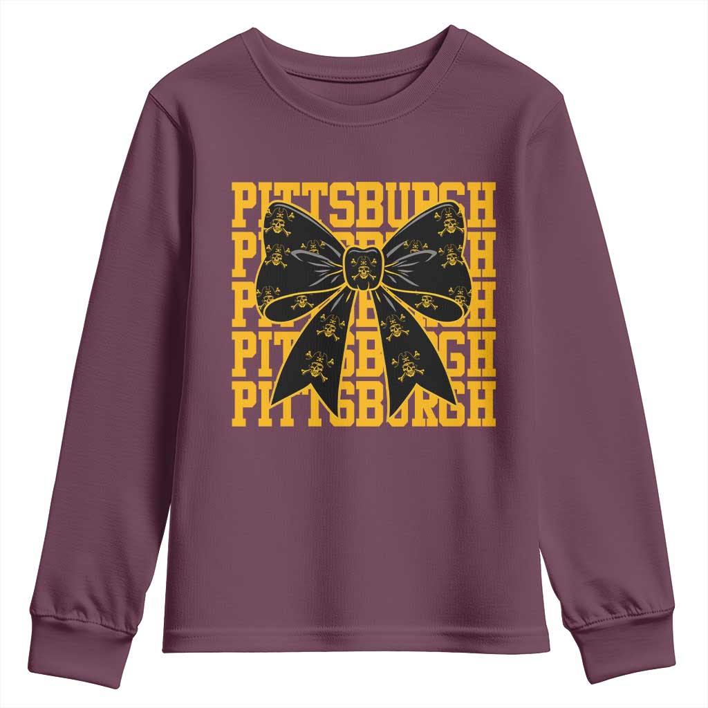 Pittsburgh Coquette Bow Youth Sweatshirt Retro Sports Style Pirate Skull