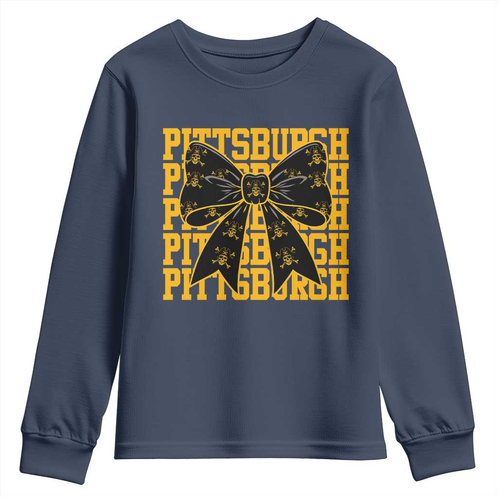Pittsburgh Coquette Bow Youth Sweatshirt Retro Sports Style Pirate Skull