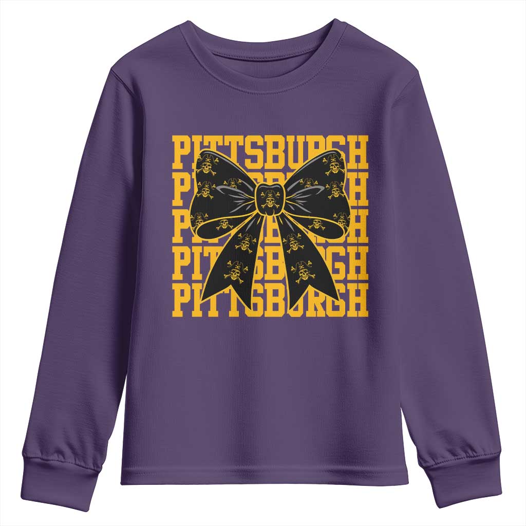 Pittsburgh Coquette Bow Youth Sweatshirt Retro Sports Style Pirate Skull