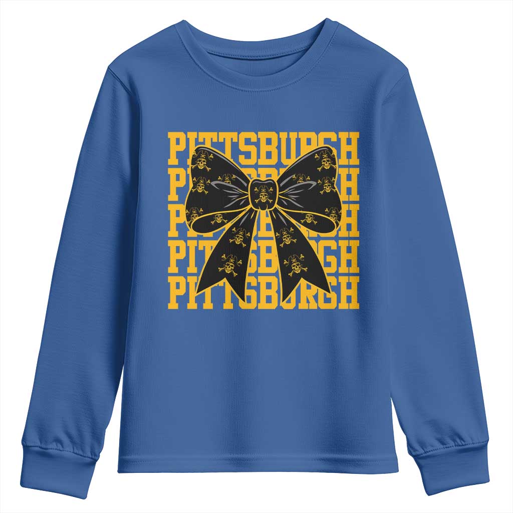 Pittsburgh Coquette Bow Youth Sweatshirt Retro Sports Style Pirate Skull