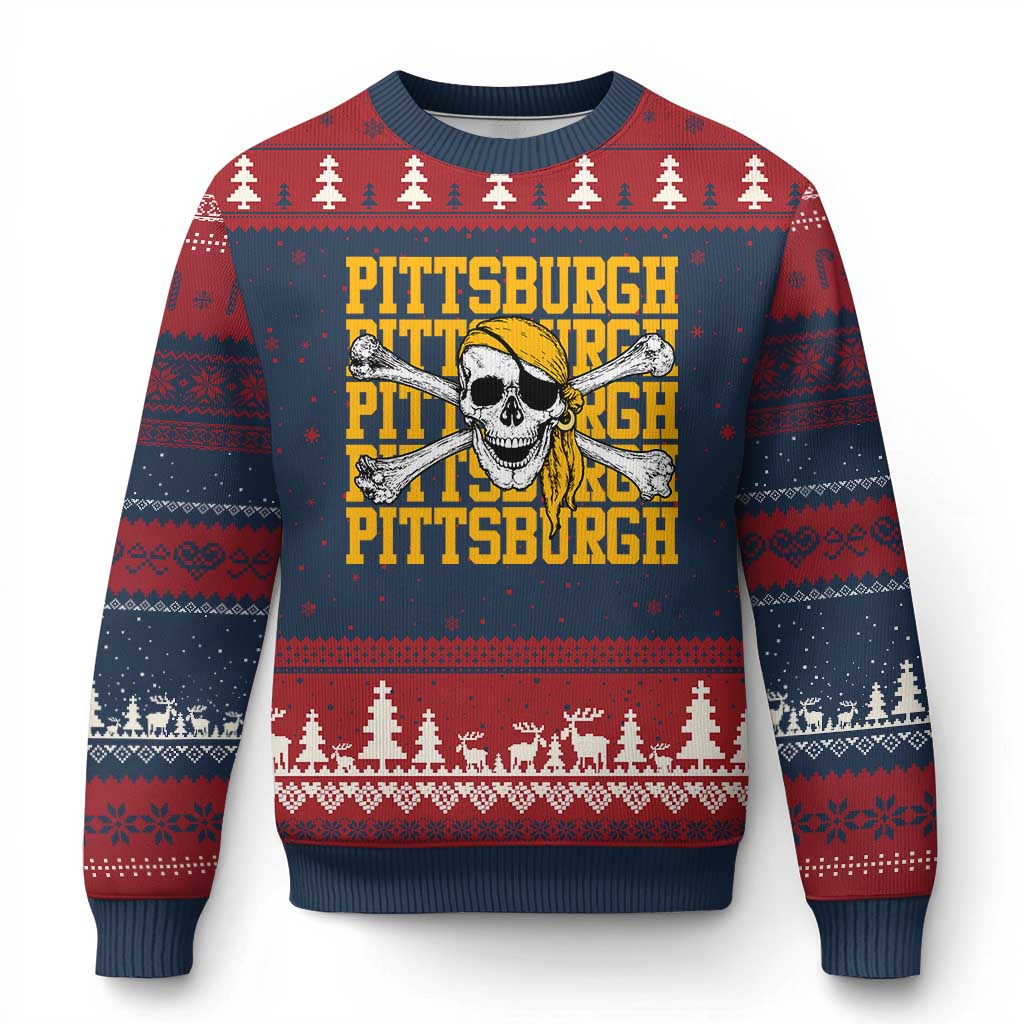 Pittsburgh Lovers Ugly Christmas Sweater Retro Pennsylvania Steel City Pirate Skull