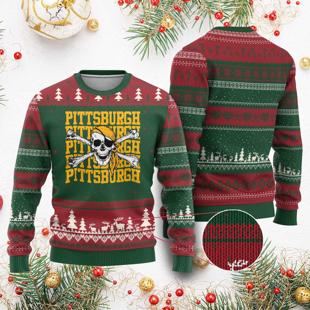 Pittsburgh Lovers Ugly Christmas Sweater Retro Pennsylvania Steel City Pirate Skull