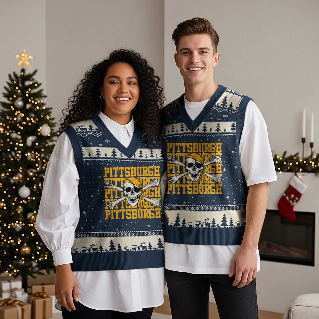 Pittsburgh Lovers V-Neck Knit Sweater Vest Retro Pennsylvania Steel City Pirate Skull
