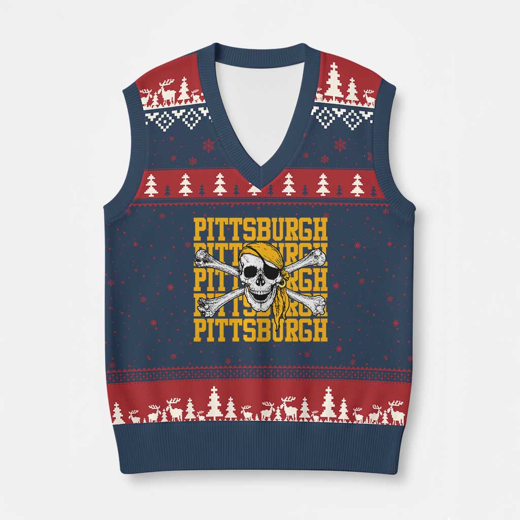 Pittsburgh Lovers V-Neck Knit Sweater Vest Retro Pennsylvania Steel City Pirate Skull