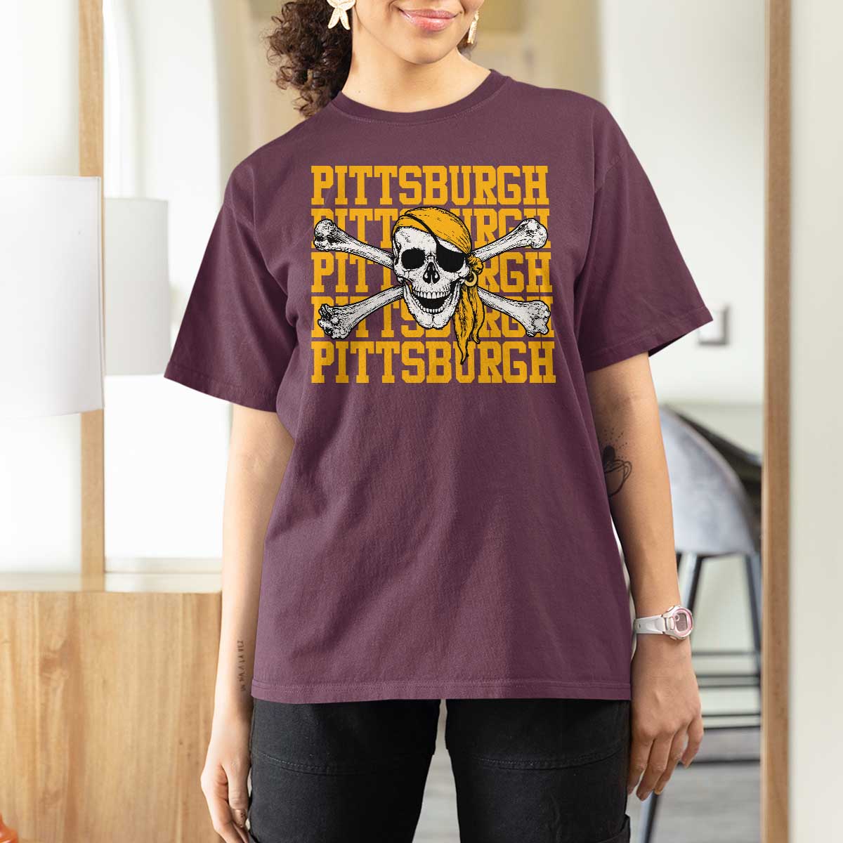 Pittsburgh Lovers T Shirt For Women Retro Pennsylvania Steel City Pirate Skull