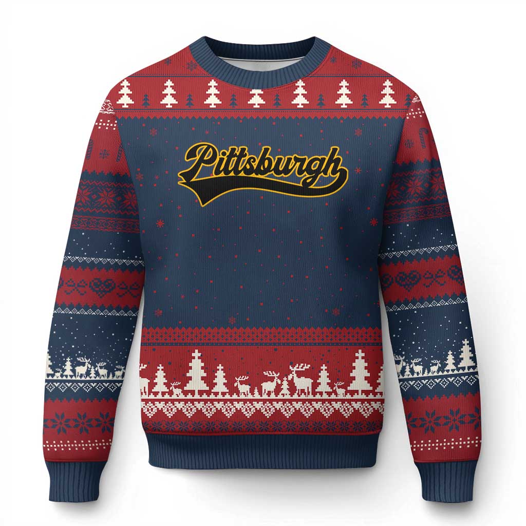 Vintage Pittsburgh Ugly Christmas Sweater Varsity Script Retro Sports Jersey Style Baseball Fans